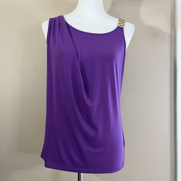 Michael Kors Women Purple Chain Strap Tank Top Size S Gold Hardware Drape Blouse - Picture 2 of 12